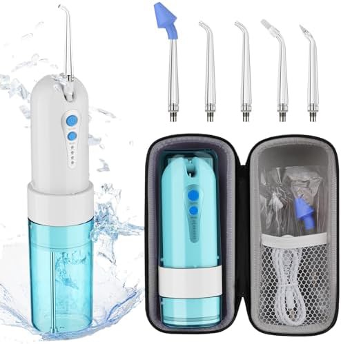 Blue cordless oral irrigator with travel case
