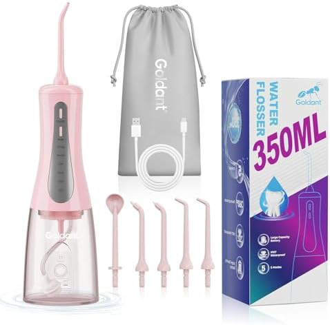 Pink cordless water flosser with travel bag