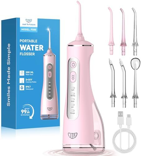 White cordless flosser with six tips