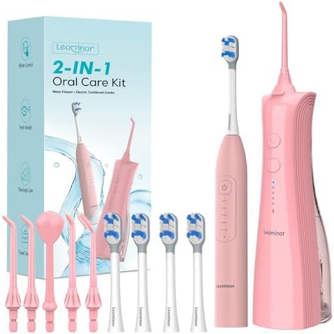Coral pink toothbrush and flosser combo